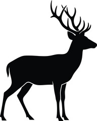 Majestic black silhouette of a male deer with large antlers standing proudly against a clean white background