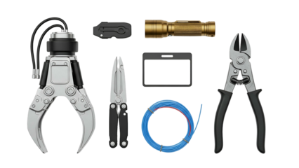 Collection Of Tools And Gadgets Including A Robotic Claw A Flashlight A Multi Tool Wire Cutters And A Small Knife Against A Transparent Background