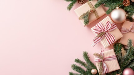 Festive Gifts and Holiday Cheer: presents artfully arranged on a soft pink surface. Festive ornaments and evergreen branches add a touch of holiday enchantment.
