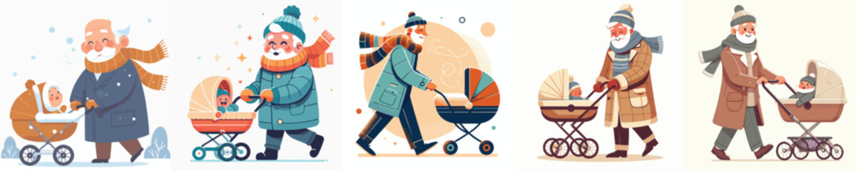 a grandfather pushing a baby stroller in winter