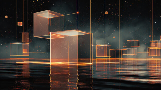 Abstract floating cubes with a subtle glow, creating a mesmerizing visual display. The cubes are suspended over a reflective surface, adding depth and intrigue.