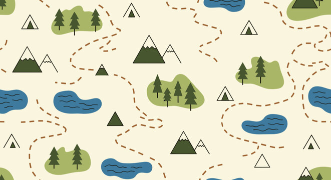 Playful seamless pattern depicting a cartoon adventure map with mountains, forests, lakes, and camping tents connected by dotted trails.