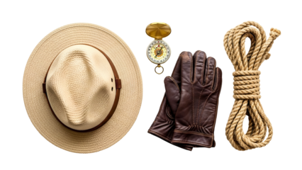 Adventurer's Gear A Straw Hat A Compass Brown Leather Gloves and a Thick Rope Arranged on a Transparent Black Background