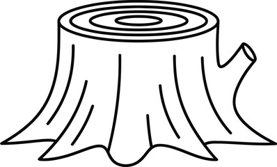 Simple hand drawn black and white line art illustration of a tree stump with visible growth rings and a small branch stub