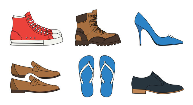 Set of diverse men's and women's footwear, including sneakers, boots, high heels, loafers, flip-flops, and dress shoes.