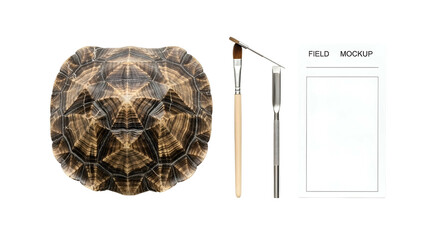 Top View Of A Turtle Shell With Paintbrushes And Palette On A White Background