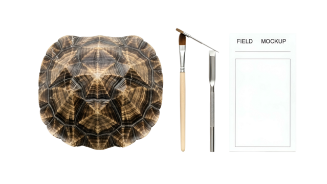 Top View Of A Turtle Shell With Paintbrushes And Palette On A White Background