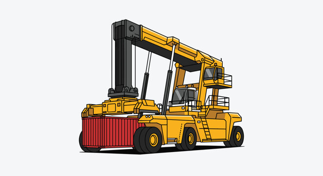 Powerful yellow reach stacker lifting a red cargo container, illustrating essential heavy machinery for port logistics and intermodal freight.