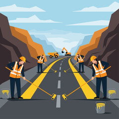 Road construction workers painting yellow lane markings on a new highway through a mountain pass.