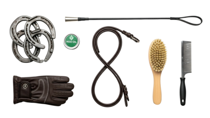 Equestrian Accessories Arranged On Black Background Featuring Horse Shoes Bridle Whip Gloves Brush And Comb Detail