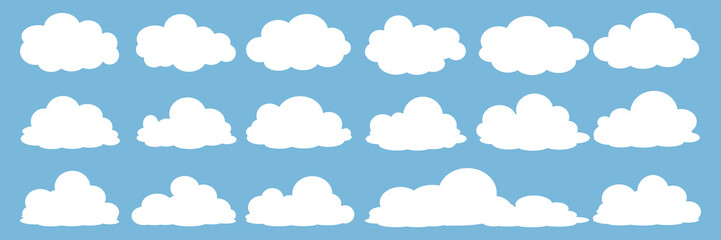Fototapeta premium set of vector illustrations of clumpy clouds, cloud bubbles in flat style on a blue background 