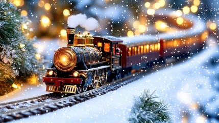 Festive Steam Engine: A nostalgic steam train, adorned with warm lights, gracefully traverses snow-covered tracks during a magical holiday season, creating a scene of warmth and wonder.