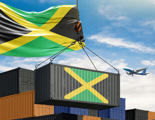 Jamaica's Import and Export: A dynamic scene of trade and global commerce. The Jamaican flag proudly displayed on a shipping container, symbolizing the nation's participation in international trade.