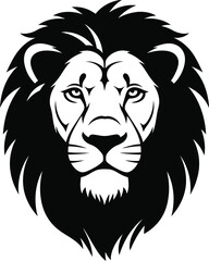Majestic black and white illustration of a lion s head with a full mane conveying strength and royalty in a graphic style