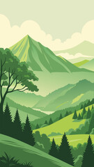 Green mountain landscape with lush forest and cloudy sky