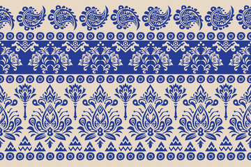 Ethnic oriental pattern traditional border. Saree Sarong Motif African BoHo Ikat Floral Embroidery Seamless Damask Wallpaper Pattern. Vintage background abstract design for texture, fabric, clothing