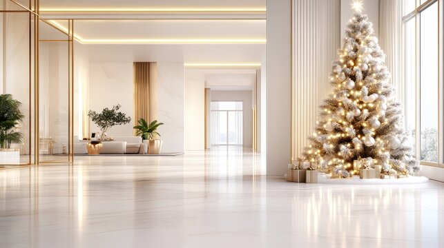 Festive Season: A bright modern interior, bathed in soft light, features a radiant Christmas tree adorned with twinkling lights.