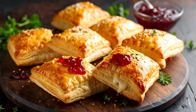 Golden Puff Pastries with Melted Cheese and Red Jam on a Wooden Board