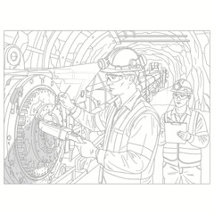 Obraz premium Line art illustration of two engineers in safety gear inspecting heavy machinery inside an underground mining tunnel.