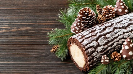 Yule Log's Delicious Delight: A mouthwatering, chocolate-covered Yule log, adorned with seasonal pine cones and festive greenery, lies invitingly on a textured wooden table.