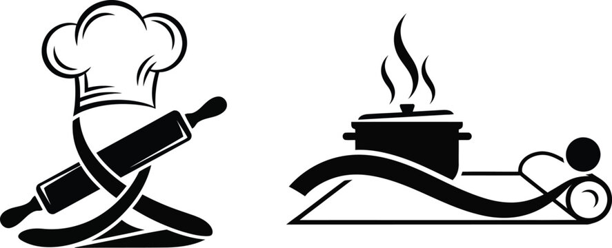 Culinary icons featuring a chef s hat and rolling pin crossed with a steaming pot on a decorative stand