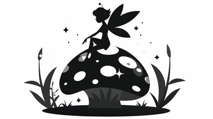 Enchanting fairy silhouette sitting on a mushroom with stars, perfect for children's books, fantasy art, and magical designs, vector illustration