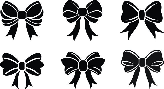 Black silhouette decorative bow icons - minimalist vector-style ribbon bows illustration for packaging, gift wrap and ornament design