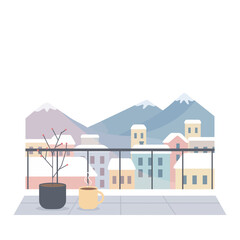 Winter Balcony Scene with Warm Coffee Mug – Minimal Flat Vector Illustration