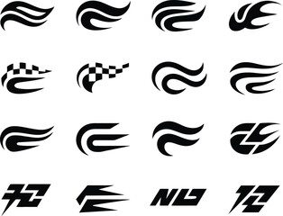 Collection of abstract racing sport decals and vehicle graphics. Each design features curved, flowing lines with sharp angular cuts and geometric patterns 1