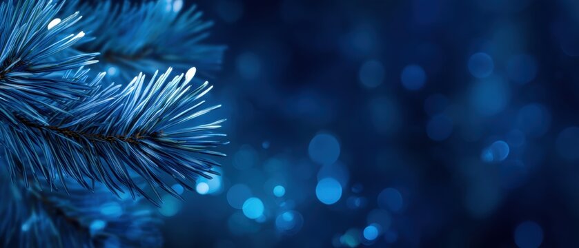 Abstract Blue Winter Holiday Background with Fir Branches and Sparkling Bokeh Lights