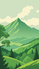 Green mountain landscape with lush forest and cloudy sky