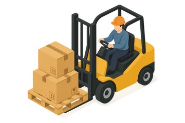 Naklejka premium Worker operating a yellow forklift, transporting stacked cardboard boxes on a wooden pallet. Logistics and warehouse operations concept
