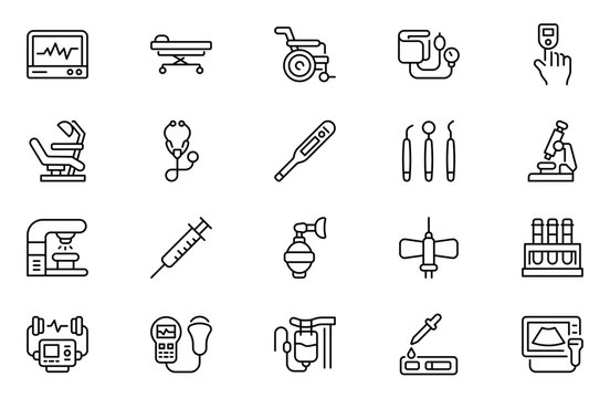 Medical equipment outline icons set. Linear icon collection. Editable stroke. Vector illustration