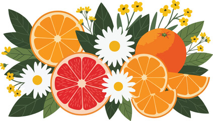 Vibrant Citrus Fruit Arrangement with Fresh Flowers and Green Leaves.