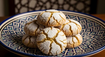 Ghriba cracked almond cookies stacking on traditional ceramic plate