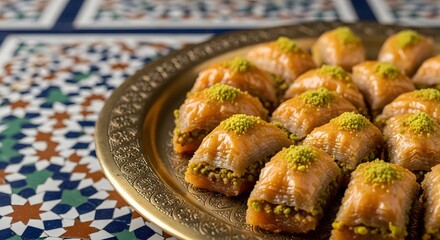 Moroccan baklava dessert on ornate brass tray with pistachios