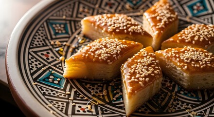 Makrout pastries glazed with honey sesame on patterned plate