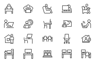 Work from home line icon set. Contains such Icons as a freelancer, Remote work, Coworking, Video Conference, hybrid work, digital nomad, and Remote work line icon set.