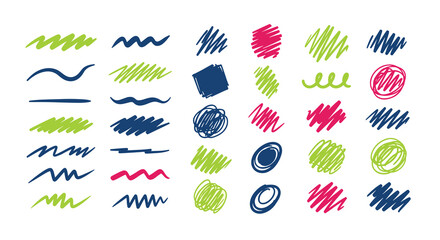 Hand-drawn collection of colorful marker pen scribbles, wavy lines, and abstract shapes for creative and playful design projects.