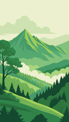 Green mountain landscape with lush forest and cloudy sky