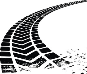 Vector illustration of a curving, grunge tire track with a chevron tread pattern isolated on a white background © Mr Sayem