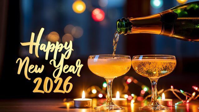 Champagne pouring into glasses for happy new year 2026 celebration - Powered by Adobe