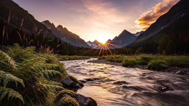 A stunning sunset over a serene river creates a picturesque scene with vibrant orange rays reflecting on the water. The mountains provide a majestic backdrop to this beautiful rive