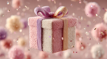 pink gift box, decorative bow, soft lighting, smooth texture, gray background, festive atmosphere,