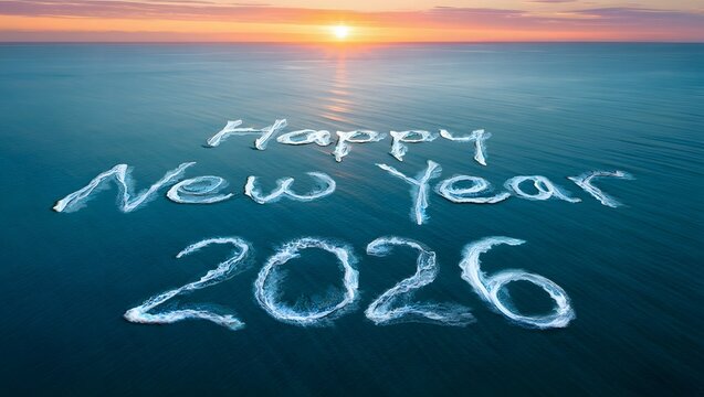 Happy new year 2026 written in glowing light on the ocean surface at sunset