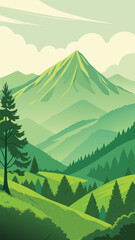 Green mountain landscape with pine tree and cloudy sky