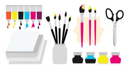 Complete set of art and craft supplies for painting and creative projects, including paints, brushes, paper, and scissors.