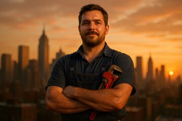 Confident plumber with a pipe wrench standing outdoors, looking at camera. Sunset creates warm light over the city