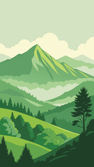 Green mountain landscape with rolling hills and pine trees