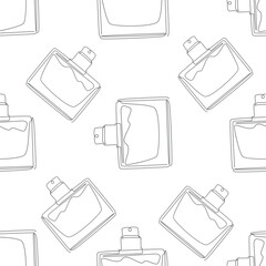 Outline perfume bottle seamless pattern. Hand drawn Fashion wallpaper, beauty background, fabric, textile, print, wrapping paper or package design.